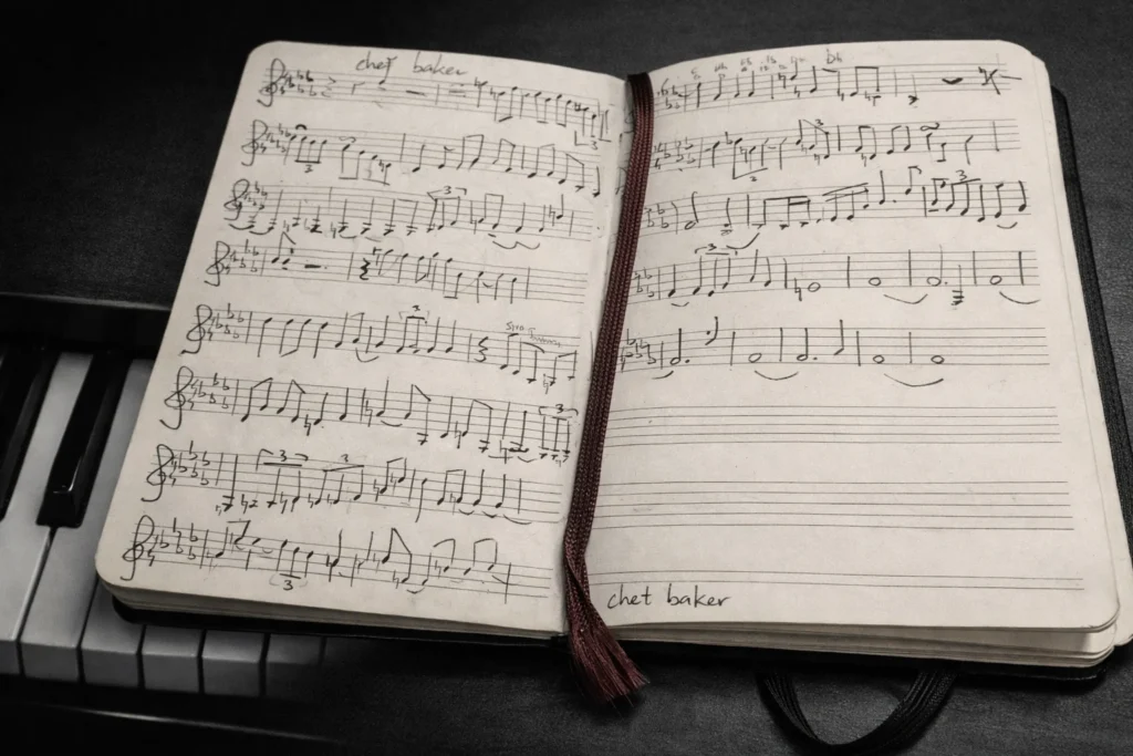 Handwritten jazz transcription of a Chet Baker solo by Floris Lamers