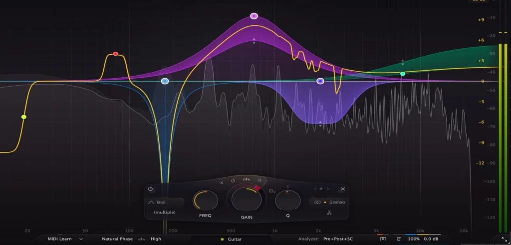 Audio equalizer plugin displaying frequency curves for piano mixing